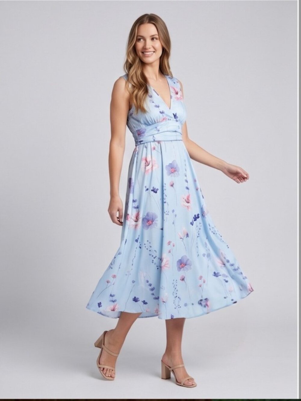 LAST ONE 🔥 Light Blue Floral V-Neck Cinch-Waist Midi Dress - Picture 3 of 6